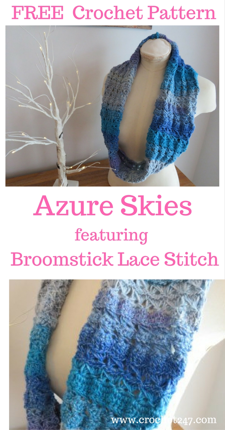 Azure Skies Crochet Cowl Pattern featuring broomstick lace crochet stitch