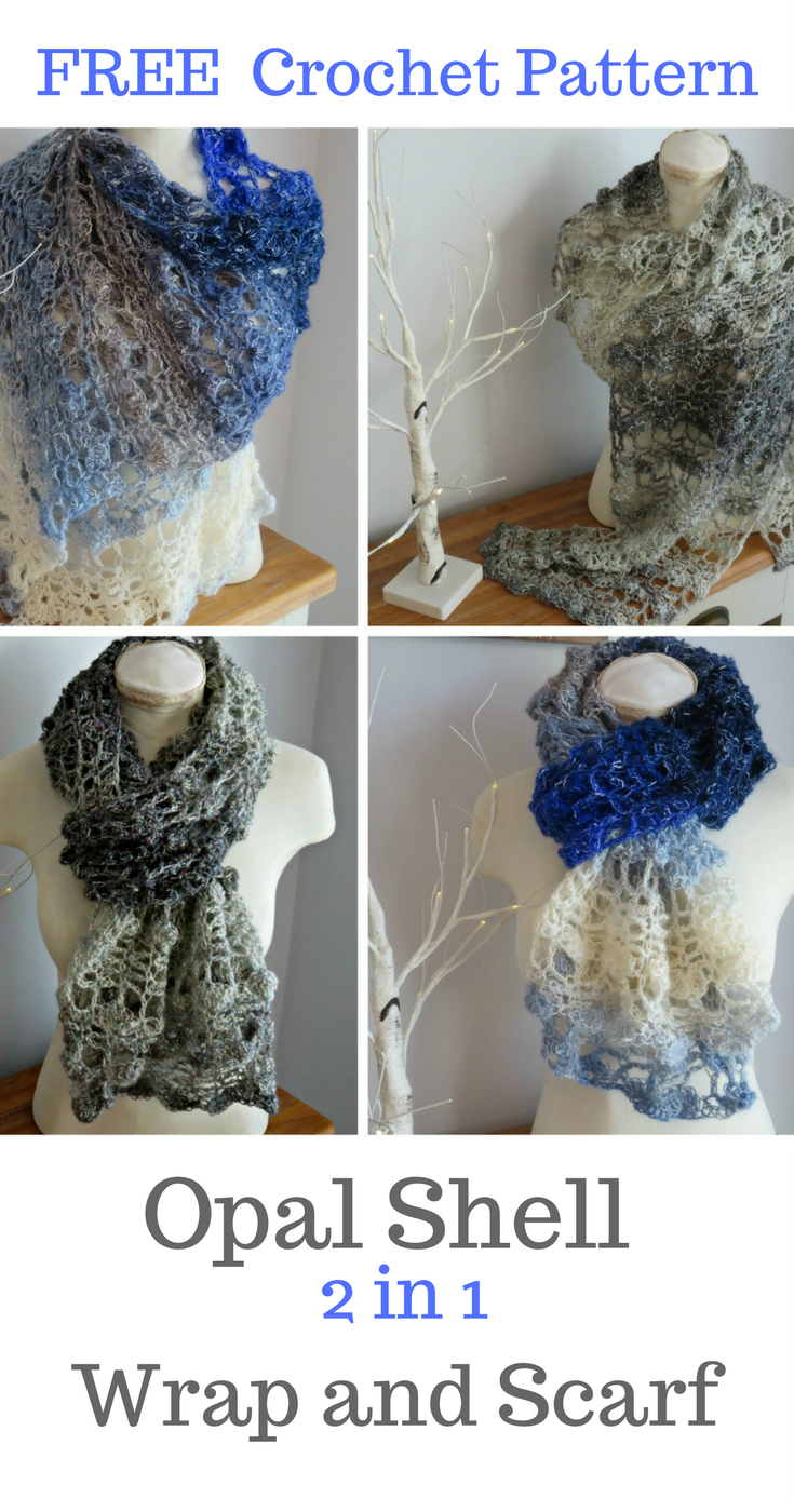 Opal Shell 2 in 1 Wrap and Scarf from Crochet247.com using Lion Brand Shawl in a Ball